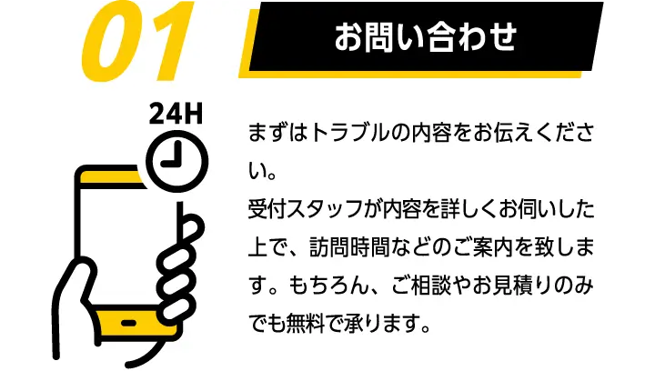 01お問い合わせ　まずはトラブルの内容をお伝えください。受付スタッフが内容を詳しくお伺いした上で、訪問時間などのご案内を致します。もちろん、ご相談やお見積りのみでも無料で承ります。