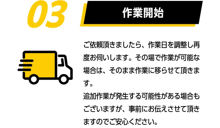 03作業開始　ご依頼頂きましたら、作業日を調整し再度お伺いします。その場で作業が可能な場合は、そのまま作業に移らせて頂きます。追加作業が発生する可能性がある場合もございますが、事前にお伝えさせて頂きますのでご安心ください。